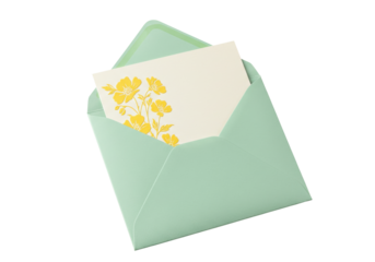 Isolated open pastel green envelope with yellow flower card for greetings or celebration