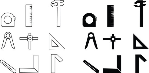 Obraz premium Measuring Tool Icon set, Ruler, Scale, Tape Measure, Caliper, Compass, Measurement Equipment, Engineering, Construction, and Precision Instrument Symbols in Modern Vector Style, used for mobile apps,