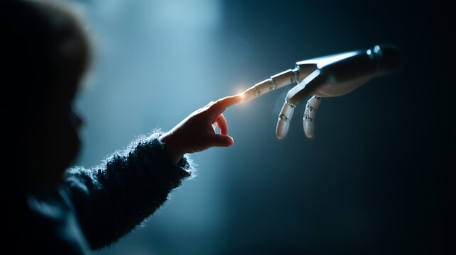 A child's finger reaches towards a robotic hand, symbolizing human-robot connection, in a dramatic, ethereal lighting. - Powered by Adobe