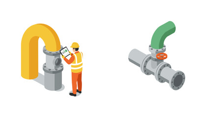 Fototapeta premium Isometric industrial worker inspecting pipes in safety gear