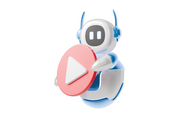 3d ai robot with play button icon. video streaming concept. Minimal cartoon robo bot mascot media for app ui banner. isolated on white background. 3d render.