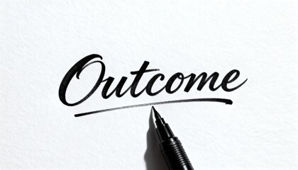 Elegant handwritten word 'Outcome' on white paper, emphasized by a black marker pen.