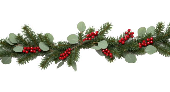 Luxuriant festive garland of vibrant green pine branches, red glossy cranberries, dull green eucalyptus leaves, horizontally on transparent background with copy space, elegant holiday decoration