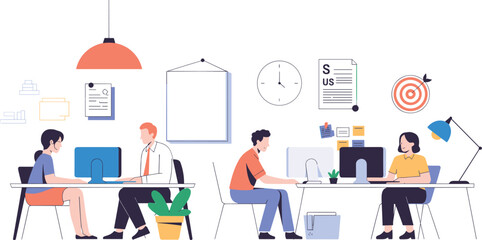 Modern office interior with diverse employees working at computers, teamwork collaboration, business workspace design, digital communication and corporate productivity concept