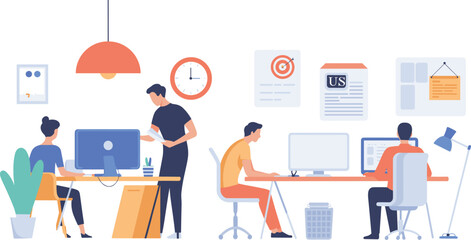 Modern office interior with diverse employees working at computers, teamwork collaboration, business workspace design, digital communication and corporate productivity concept