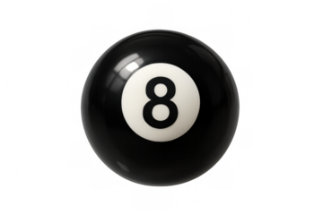 Eight ball, a black pool ball with the number eight, clean and isolated on a transparent alpha channel background