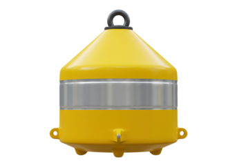 Isolated yellow buoy or navigational aid used at sea to indicate hazard or mark channel