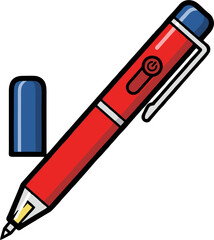 Red Cartoon Pen with Blue Cap and Power Button Detail, Black Outline