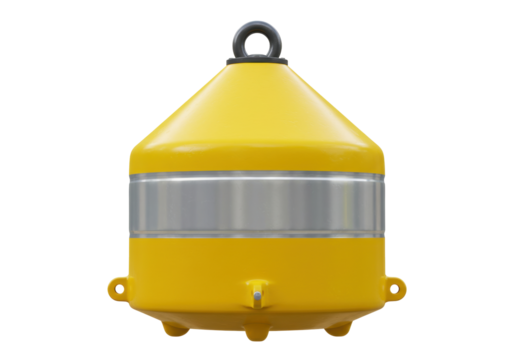 Isolated yellow buoy or navigational aid used at sea to indicate hazard or mark channel