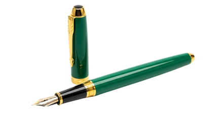 Elegant green fountain pen with gold accents isolated on transparent background