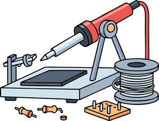 Soldering Station with Iron, Solder Spool, Breadboard, and Resistors Illustration