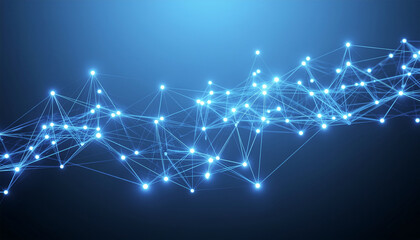 Obraz premium Digital neural network with glowing blue nodes and connecting lines on a dark background. Abstract visualization of AI, data flow, and complex system connectivity.