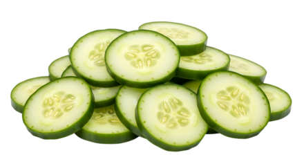 Pile of fresh cucumber slices isolated on transparent background