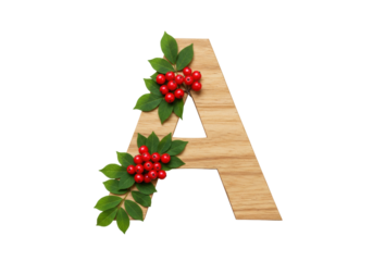 Isolated wooden letter A with red berries and green leaves for holiday season decoration