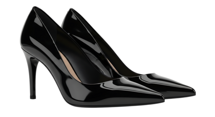 Pair of black patent leather high heel shoes isolated on transparent background