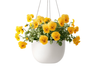 Close-up of hanging planter filled with vibrant yellow pansies against a black background