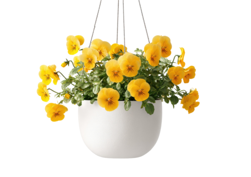 Close-up of hanging planter filled with vibrant yellow pansies against a black background