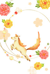 飛び跳ねる白馬と牡丹の2026年の年賀状　手描き色鉛筆画