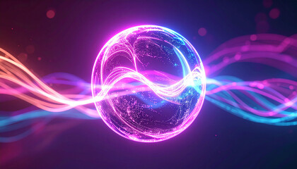 Abstract glowing sphere emitting neon energy waves, pulsating with vivid colors, particles floating