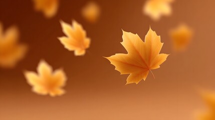 Fototapeta premium Golden autumn maple leaves gently float against a warm soft brown gradient background with motion blur