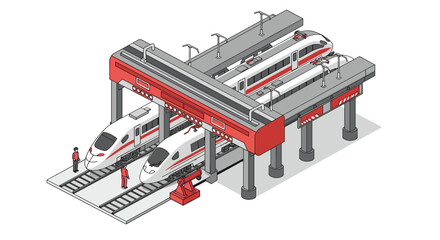 Isometric design of modern high speed train station with trains on tracks and waiting passengers