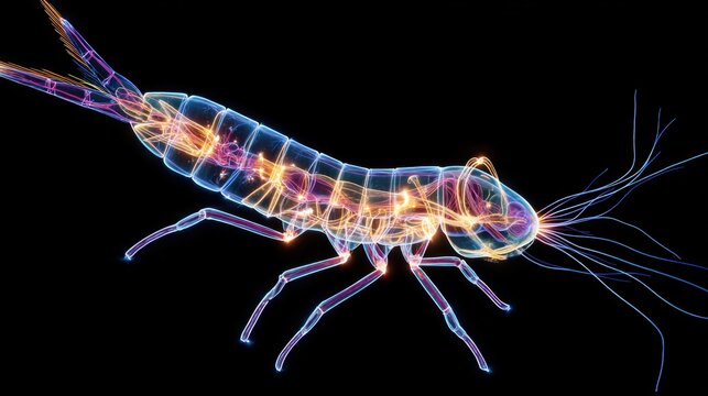 Copepod crustacean illuminated against black
