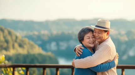 Happy senior asian couple embracing outdoors with joyful smiles, reflecting love, togetherness, and peaceful retirement moments against scenic mountain view