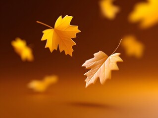 Stylized autumn leaves drift and float with soft motion blur against a warm amber gradient background