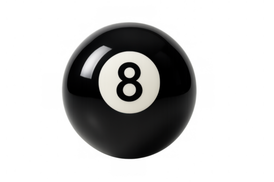 Eight ball representing luck and fate, isolated on a transparent background, symbolizing decision making and success concepts