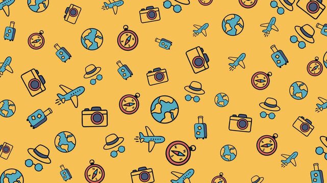 Animated seamless travel background featuring airplane, camera, compass, globe, hat, and suitcase icons on yellow. Perfect for tourism videos, travel motion graphics, and vacation footage.
