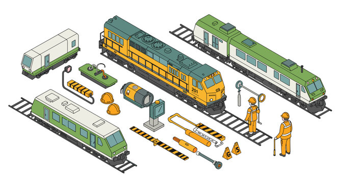 Isometric train set with railway tracks and construction equipment in flat design