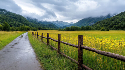 Lush green landscape with mountains and winding path under cloudy skies