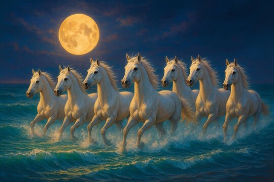 Majestic White Horses Running in Ocean Waves Under Full Moon Night Ai Genreted 