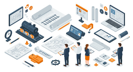 Isometric engineering and technology workspace with blueprint designs and people