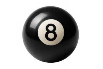 Black eight ball for billiards and pool game, symbolizing luck, chance, and gambling, transparent background