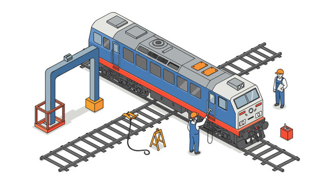 Isometric train maintenance scene with engineers at railway station