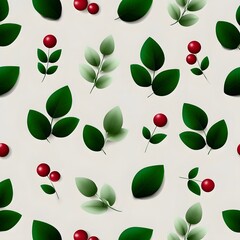 Seamless pattern of vibrant green leaves and bright red berries presented on a soft neutral background