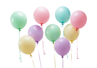 Isolated assorted party balloons with pastel colors in the air for celebration occasion
