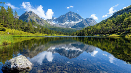 Majestic mountains reflect in serene lake, showcasing nature beauty and tranquility