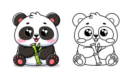 Cute kawaii panda with bamboo. Black and white vector illustration for coloring book with example in color © alka5051
