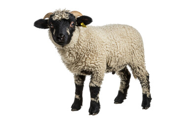 Isolated Valais Blacknose lamb, black and white sheep with horns in studio shot, looking