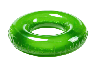A vibrant, translucent green inflatable ring, isolated against a black background