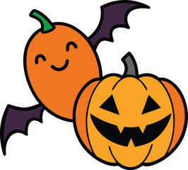 Grinning pumpkin and bat pair doodle icon, isolated vector silhouette EPS for Halloween.