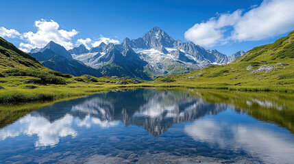 Majestic mountains reflect on tranquil water, creating serene and balanced atmosphere