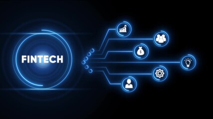 Fintech digital network abstract glowing neon lines connecting financial icons growth money people idea technology innovation business concept dark background - Powered by Adobe