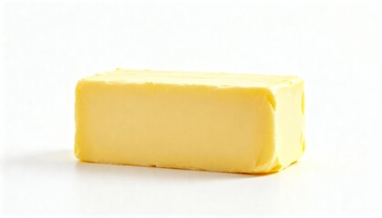 A yellow block of butter displayed on a pristine white background