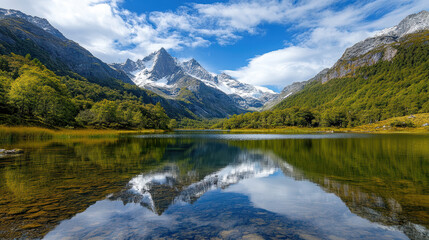 Fototapeta premium Majestic mountains reflect in serene lake, showcasing nature perfect balance and beauty