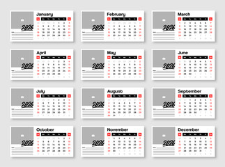 Modern minimalist 2026 yearly calendar template with clean layout. 12 months calendar template for 2026.