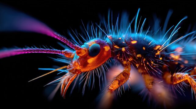 Extreme macro view of an orange insect against a black background with neon highlights