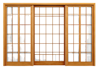 Wooden window frame with broken panes, showcasing a view of nothing